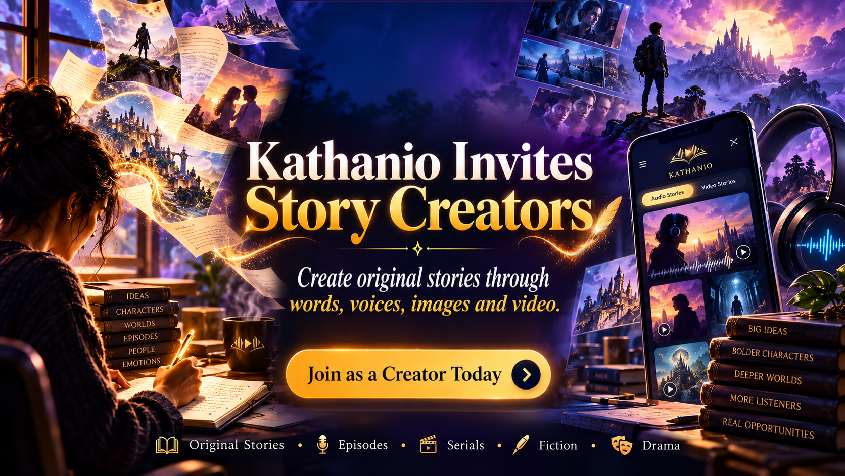 Kathanio Invites Story Creators. Create original stories through words, voices, images and video. Join as a Creator Today. A cinematic illustration of a storyteller, magical stories and the Kathanio listening app.